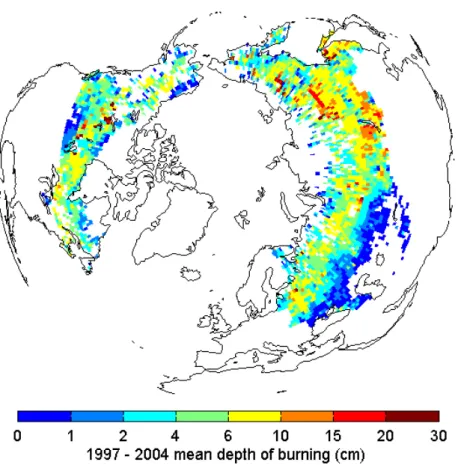 Fig. 3. Depth of burning (cm) into the duff layer predicted by our model. Litter, coarse woody debris and soil organic carbon consumed during fire were converted into burn depths using the soil carbon density profiles from Carrasco et al