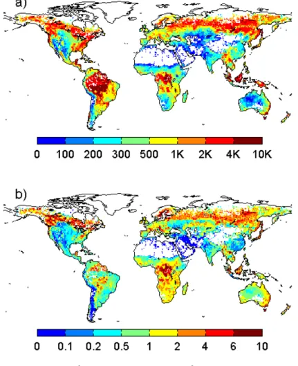 Fig. 5. (a) Fire emissions per m 2 of burned area (g C m −2 ). (b) Emission per MODIS fire count (10 6 kg C firecount −1 )