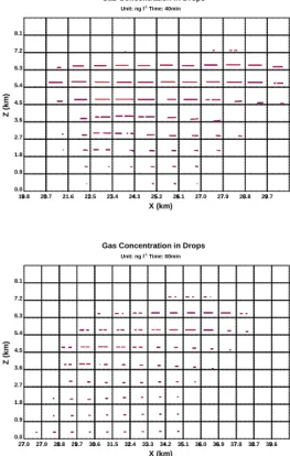 Fig. 9. Distributions of dissolved gas concentration inside drops at different locations after 40 and 60 min of simulation for the continental-sheared (blue lines) and continental-equilibrium (red lines) simulations