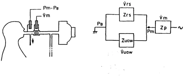 Figure 7 : Mesure de l'impédance d'entrée selon la méthode standard. Zp: impédance du pneumotachographe; PB: pression barométrique; Pm: pression à la bouche; V'm: débit mesuré