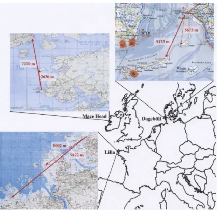 Fig. 2. The three campaign sites Mace Head, Lilia and Dageb¨ull. The lightpaths are indicated by red arrows.