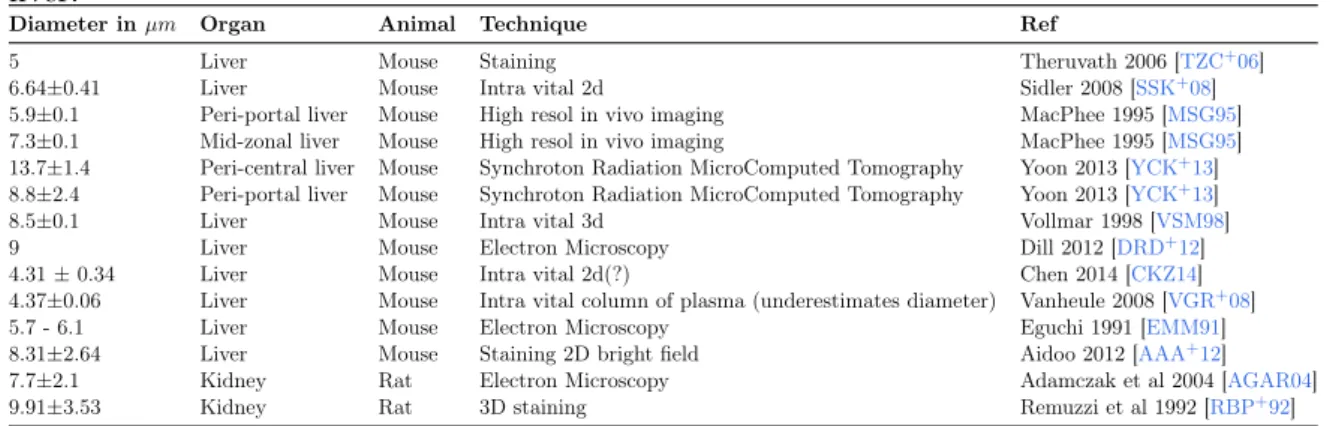 Table 2.1: Literature values of capillary diameters for two blood filtering organs: kidney and liver.