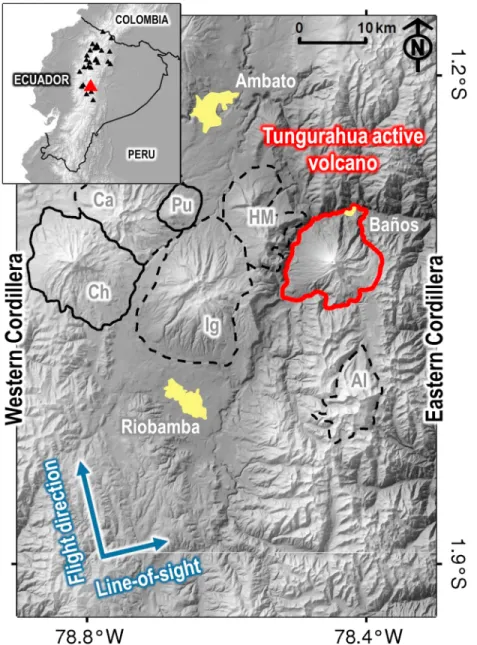 Figure 1. Shaded relief map of the volcanic zone surrounding the Tungurahua active volcano (red line)