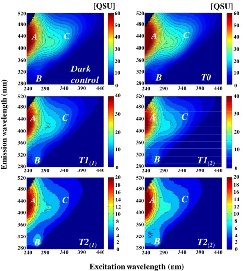 Fig. 5. 2-D EEM contour plots of CDOM (in QSU) collected from Rhône River sample, 1056 