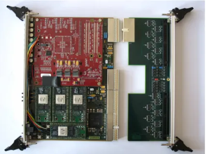 Figure 1.26: The Level 2 trigger board equipped with an Avent evolution board and 4 Mini-Modules (on the left) and a rear I/O board for the conversion of 64 LVDS links from the Front End electronics (on the right).