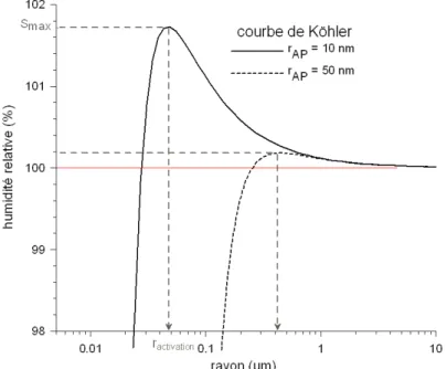 Fig. 2.1 – Courbes de Köhler pour des particules d’aérosol de rayon r N = 10 nm et r N = 50 nm composées de sulfate d’ammonium et ayant une solubilité  = 0.2, illustration du rayon critique et de la sursaturation critique correspondant aux maxima des courb