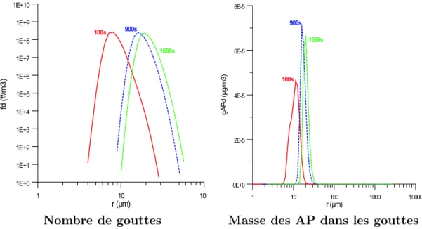 Fig. 2.3 – Spectres issus d’une simulation avec des aérosols de type maritime sans collision-coalescence