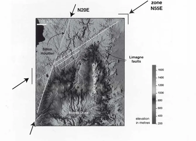 FIG. S.  - Digital  Elevation Model (DEM) of the Combrailles  area.  The Sillon houiller and the Morge faults bound a horst on which the Monts Dore and  Chaîne  des  Puys  volcanic  provinces  were  built  up