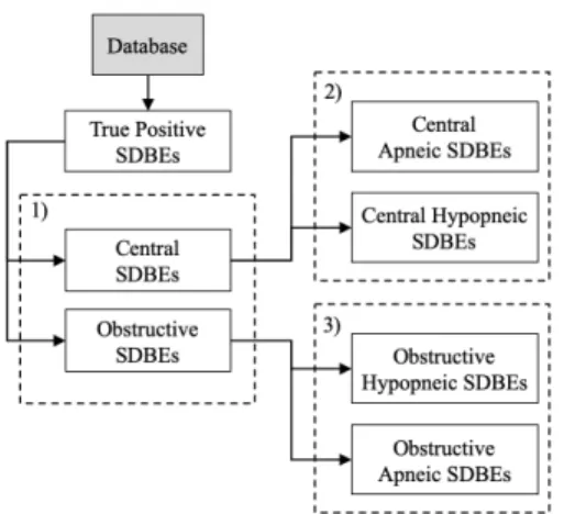 Fig. 4. For classification, three binary DAP identification problems were defined: 1) central versus obstructive apneic SDBEs; 2) central apneic SDBEs versus central hypopneic SDBEs; 3) obstructive apneic SDBEs versus obstructive hypopneic SDBEs.