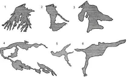 Fig.  5  Morphological  shapes  of  several  water  reservoirs  in  Central  Asia  (adopted  and  modified  from  Nikitin, 1991): (1) Kattakurgan; (2) Tuyabuguz; (3) Andijan; (4) Tuyamuin; (5) Charvak; (6) Toktogul
