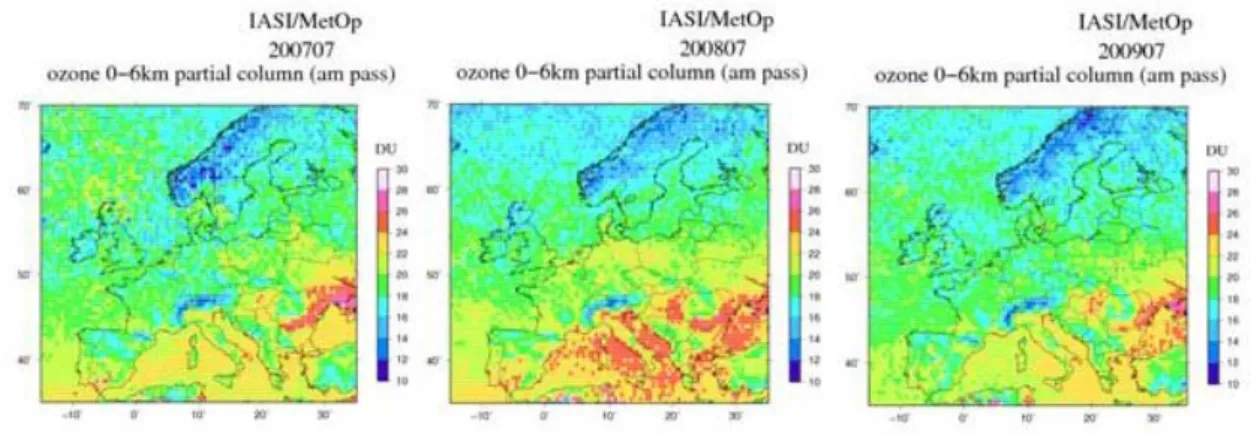 Fig 1. Colonnes partielles d’ozone (basse troposphère entre 0 et 6 km) mensuelles issues  de l’analyse des passages IASI du matin pour les mois de juillet 2007 à 2009