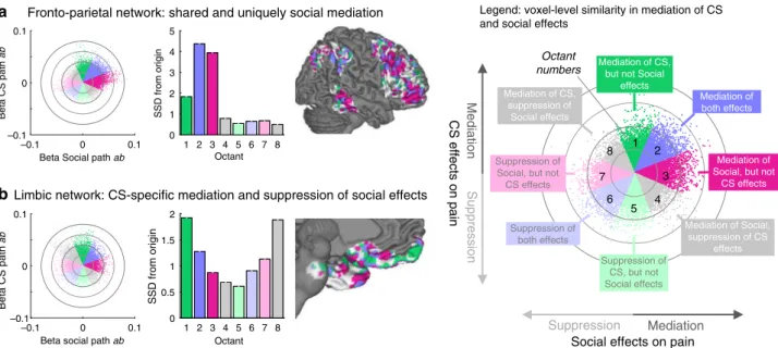 Fig. 5 Voxel-level spatial covariation in Social and CS mediation (path ab ) effects. Scatter plots display unthresholded single-voxel beta weights for CS ( y -axis) and Social ( x -axis) mediation effects (path ab )