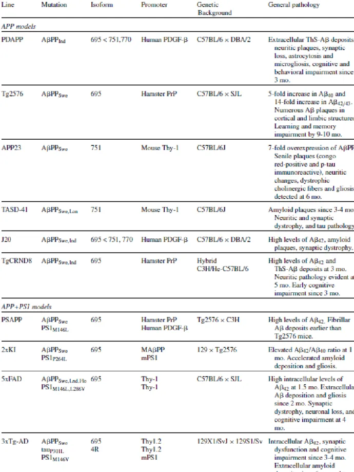 Tableau 1 : Caractéristiques physiopathologiques de différents modèles murins de la maladie  d’Alzheimer couramment utilisés