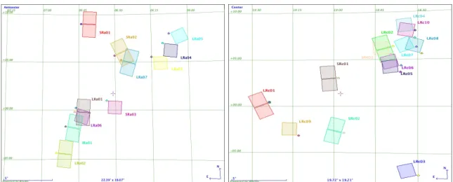 Fig. III.1.1. Position of all the faint stars fields observed by CoRoT in the anti-centre (left) and the centre (right) directions.