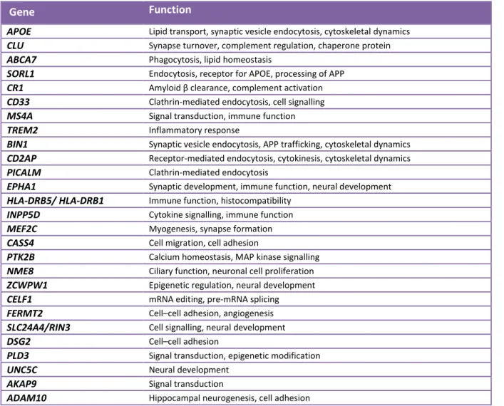 Table 2: Common and rare gene variants associated with Alzheimer’s disease identified by GWAS (adapted from Giri et al.,  2016)