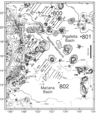 Figure 1. Location of Sites 800, 801, and 802 and other DSDP sites in the area of the Pigafetta and East Mariana basins (Lancelot, Larson, et al., 1990).