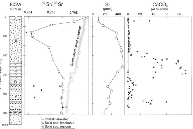 Figure 5. Site 802 distribution with depth of  87 Sr/ 86 Sr in pore fluids and in solid sediments, Sr in pore fluids, and CaCO 3  in solid sediment