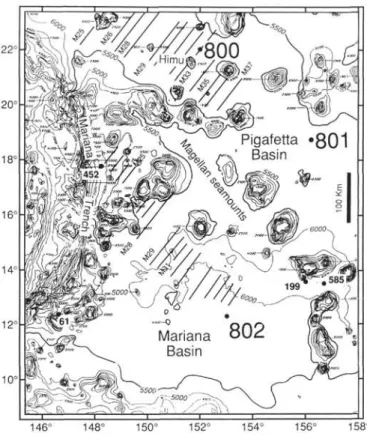 Figure 1. Location of Sites 800, 801, and 802 and DSDP sites in the area of the Pigafetta and East Mariana basins (Lancelot, Larson, et al., 1990)