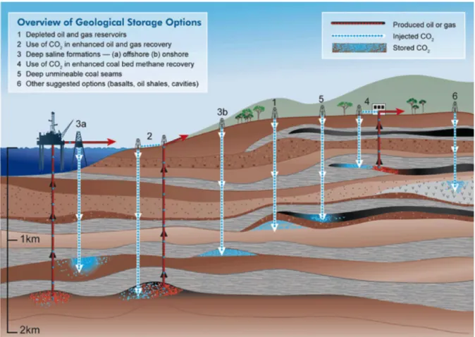 Fig.   1.   2   Représentation   schématique   des   possibilités   de   stockage   géologique   du   carbone   (IPCC,   2005)