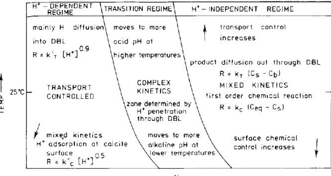 Fig. 2. 11 Description des régimes cinétiques de dissolution de la calcite en fonction de la température et du pH (Sjöberg  et Rickard, 1984)