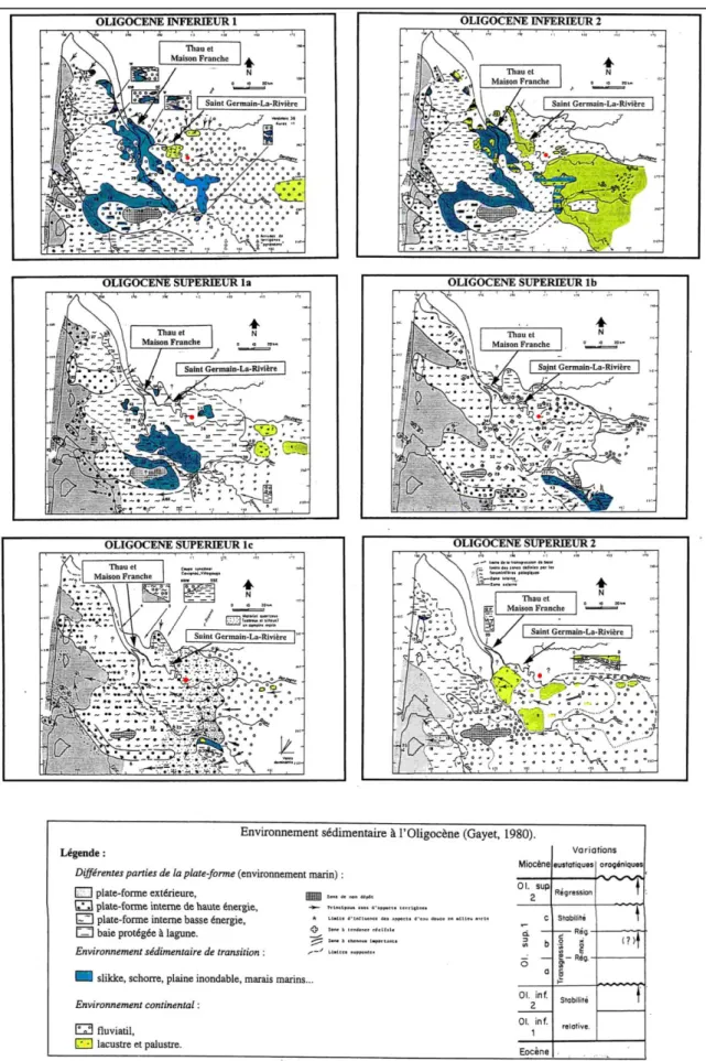 Fig. 3. 4 Répartition des environnements sédimentaires au cours de l’Oligocène (modifié par Cerepi 1997)