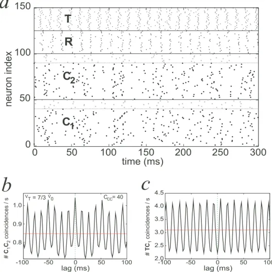 Fig. 3. Thalamocortical dynamics. (a) Raster plots of 150 neurons randomly cho- cho-sen (50 from each cortical population and 25 neurons from R and T)