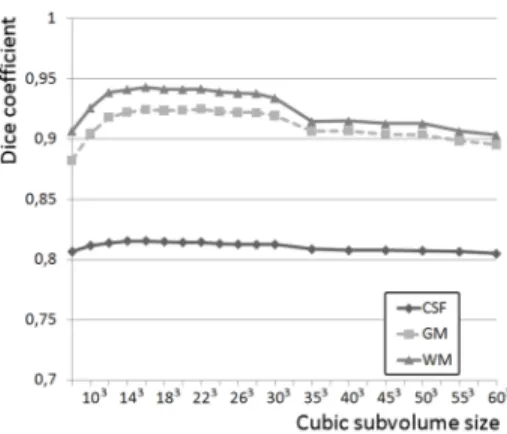 Fig. 8. Evaluation of the sensitivy of LOCUS-T to the subvolume size on the 5% noise, 40% inhomogeneity BrainWeb phantom