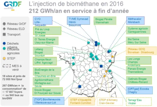 Figure 18. Carte des sites en 2016 producteurs de biogaz avec injection de biométhane dans le réseau (GrDF 20 )