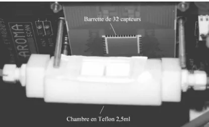 Figure 20 : La barrette de 32 capteurs à polymères conducteurs et la chambre en Teflon de 2,5 ml de volume 