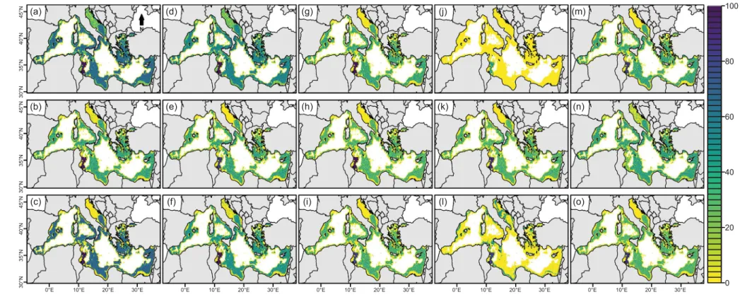 Fig. 4. Irreplaceability values of planning units in the Mediterranean Sea under di ﬀ erent SAR scenarios: (a) power, (b) epm2, (c) P2, (d) koba, (e) mmf, (f) monod