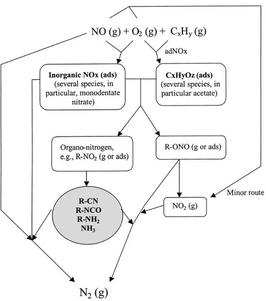 Figure I.5 Résumé des voies de réaction possibles pour la réduction sélective de NO par  les hydrocarbures sur Ag/Al 2 O 3  [33]