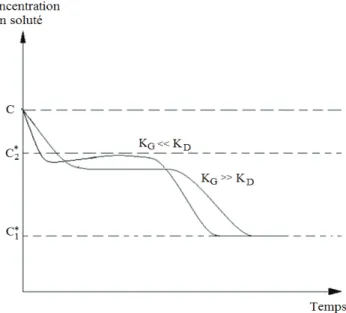 Figure 1.18 : Évolution de la concentration en fonction du temps lors d’une transition de phase polymorphique  d’après (Davey et al., 2002b)