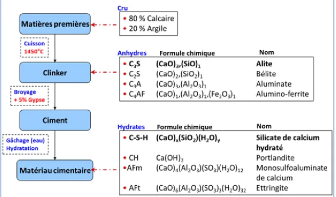 Figure 1-12. Représentation schématique du procédé cimentier ainsi que la  composition du cru, des phases anhydres et hydrates du ciment Portland (OPC) 