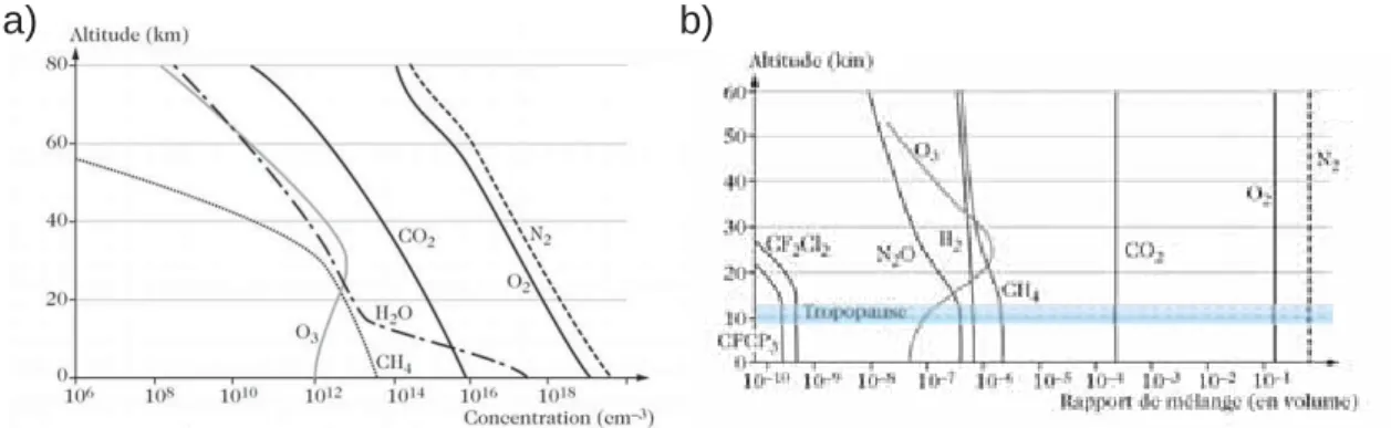 Figure 1.6: Représentation schématique de la distribution verticale des principaux constituants gazeux atmosphériques en concentration en molécules (a) et en rapport de mélange (b)