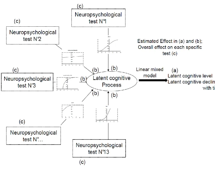 Figure 1:  Conceptualization of the nonlinear mixed model involving a latent process to  model cognition from several neuropsychological tests