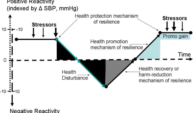 Fig. 2. Model of three Mental Resilience System mechanisms (health protection, promotion and harm- harm-reduction) in the face of aversive events (i.e., stressors with various power): before, during and after a  health disturbance 1 