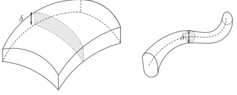 Figure 1.5: Two examples of thin elastic structures: a plate and a rod, with inﬁnitesimal thick- thick-ness and cross section.