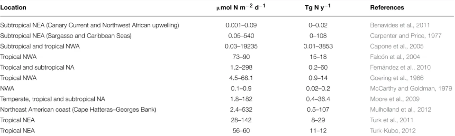 TABLE 3 | List of integrated N 2 fixation rates from the NA, compiled in Luo et al. Luo et al., 2012.