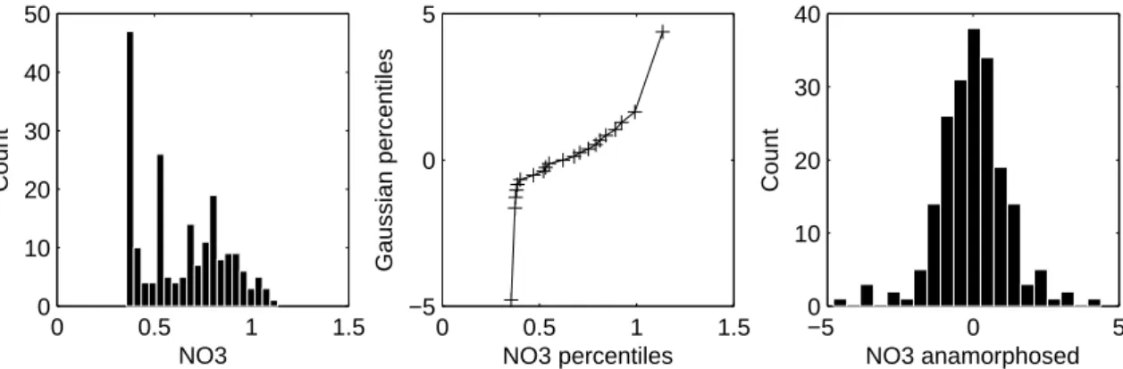 Fig. 9. Illustration of the anamorphosis transformation for nitrate at BATS station. The left panel shows the histogram of nitrate values in the 200-members 1-day ensemble forecast; the middle panel shows the piecewise linear change of variable mapping the