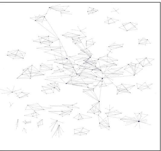 Figure 1: représentation du graphe bipartite Auteurs/Mots-Clés. Spatialisation : Force Atlas 2