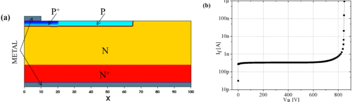 Figure 4: Structure (a) and leakage current (b) of simulated diode.