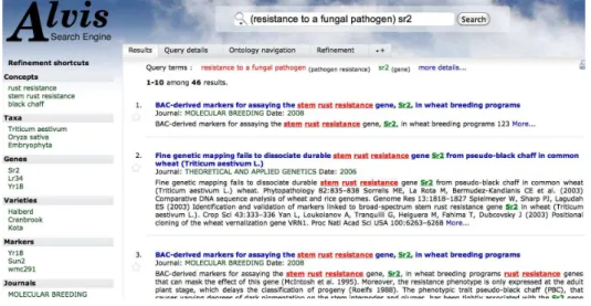 Fig 4. Interface of the semantic search engine AlvisIR WheatMarker 