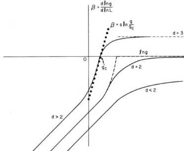 Figure 1.4 – La fonction d’échelle β ( g ) est représentée pour les dimensions 1, 2 et 3 [38].