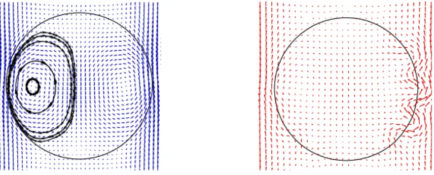 Figure 1. on the left (velocity field in blue, interface in black and some streamlines in arrowed-line), c 2 = 8 and the computation is stable for a medium grid, whereas on the right (velocity field in red, interface in black), c 2 = 9 and the instability 