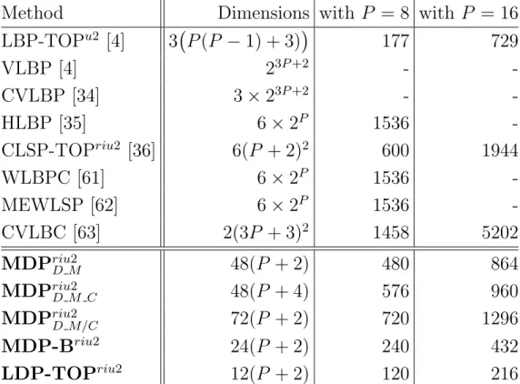 Table 1: Several comparative dimensions of LBP-based descriptors for DT recognition.