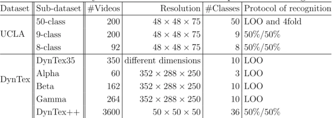 Table 2: A brief of key features of DT datasets and protocols of recognition.