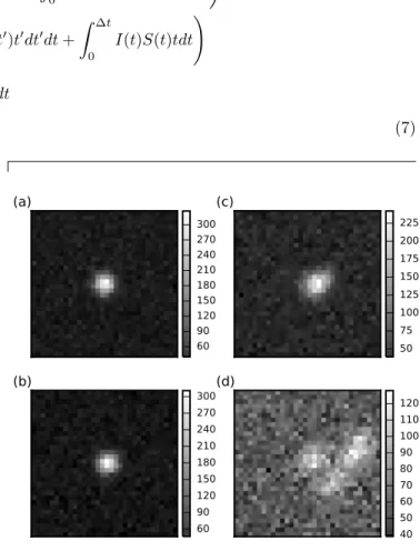 FIG. 3. Monte Carlo simulated images of measured PSFs emitted by stationary and diffusing fluorescent point-like  par-ticles at low background-noise conditions
