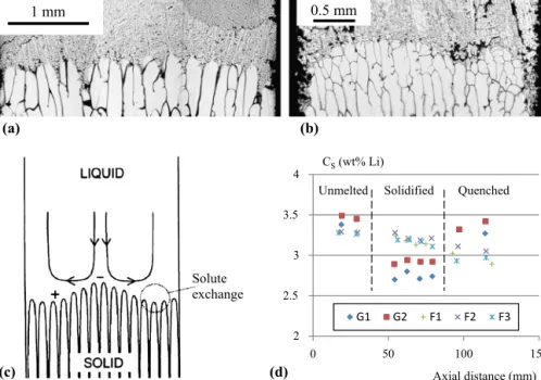Fig. 2. (a) and (b): Longitudinal sections showing the macroscopic shapes of the quenched solid–liquid interface of samples processed in microgravity (F2) and on the ground (G2)