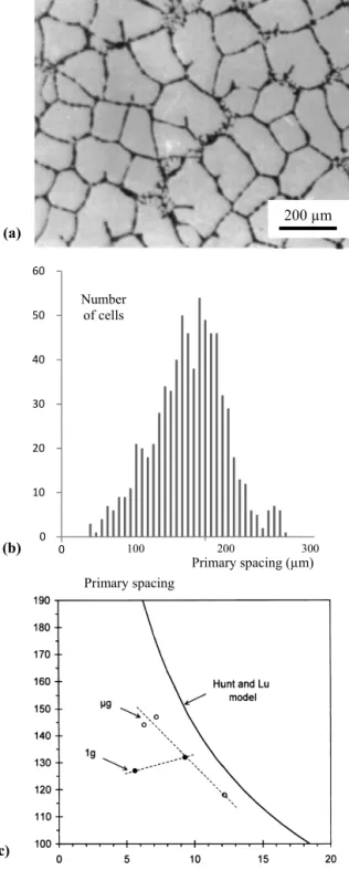 Fig. 3. (a) Cross section of sample F2 in the quenched solid–liquid zone. (b) Histogram of the primary spacing for F2 (about 250 cells) and (c) of the primary spacing as a function of the growth rate for samples processed in microgravity and on the ground;