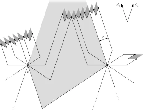 Fig. 3. Drawing bubbles: a v-bubble of Case 3 (left), an e-bubble (middle), and a v- v-bubble of Case 2 (right)